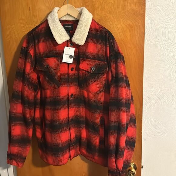 Red Plaid Fleece Jacket Mens Large Sherpa Collar - Picture 1 of 3